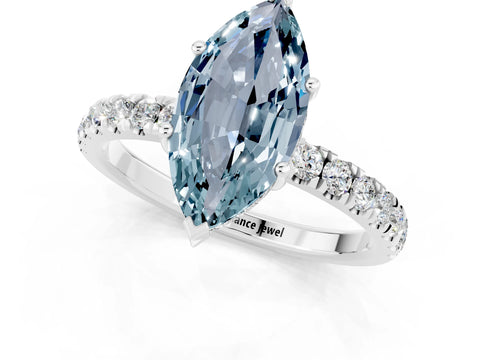 White gold Marquise Cut Aquamarine Pave Band Solitaire Ring with Four-Prong Setting_25