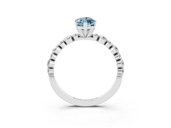 Silver Marquise Cut Aquamarine Prong Set Engagement Ring with Pavé Band