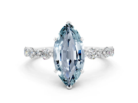 White gold Marquise Cut Aquamarine Prong Set Engagement Ring with Pavé Band