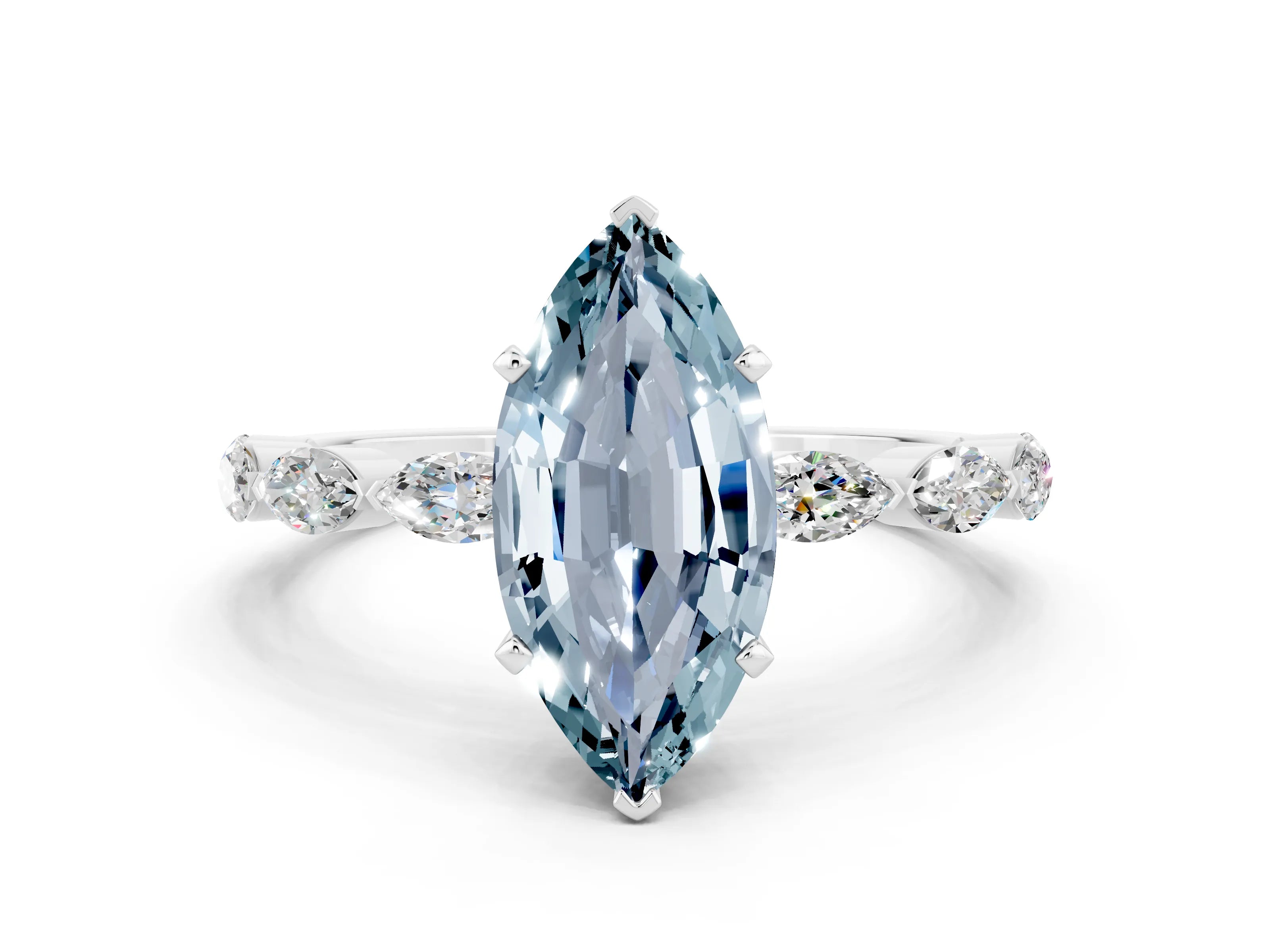 White gold Marquise Cut Aquamarine Ring with Marquise Side Stones and Prong Setting