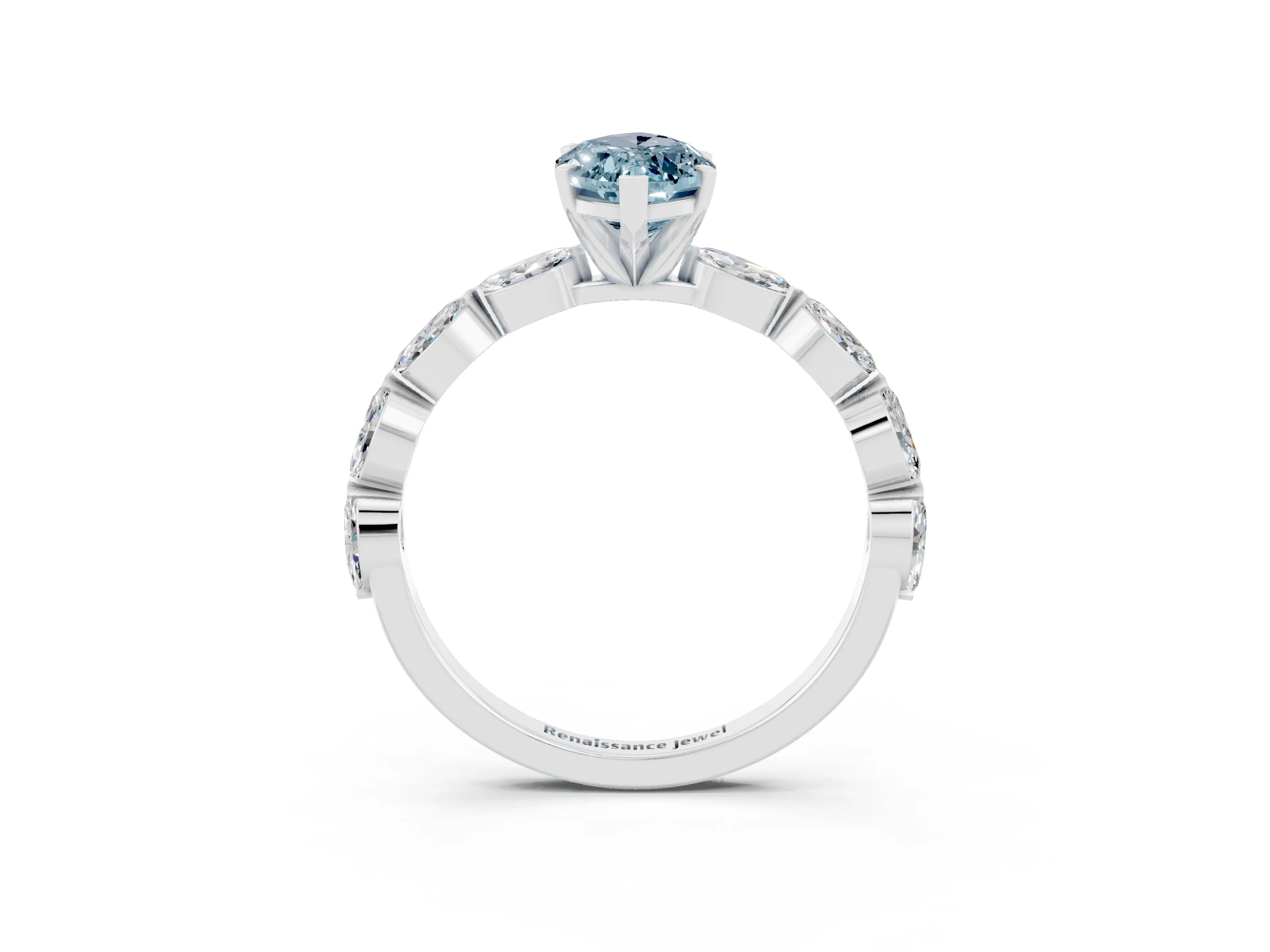 White gold Marquise Cut Aquamarine Ring with Marquise Side Stones and Prong Setting_3