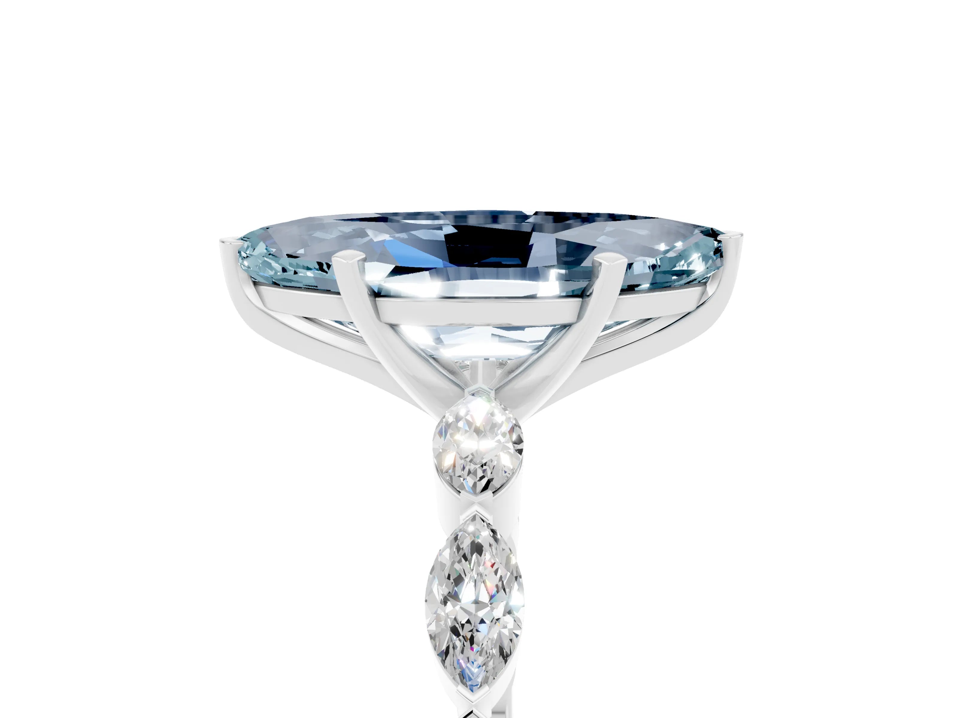 White gold Marquise Cut Aquamarine Ring with Marquise Side Stones and Prong Setting_5