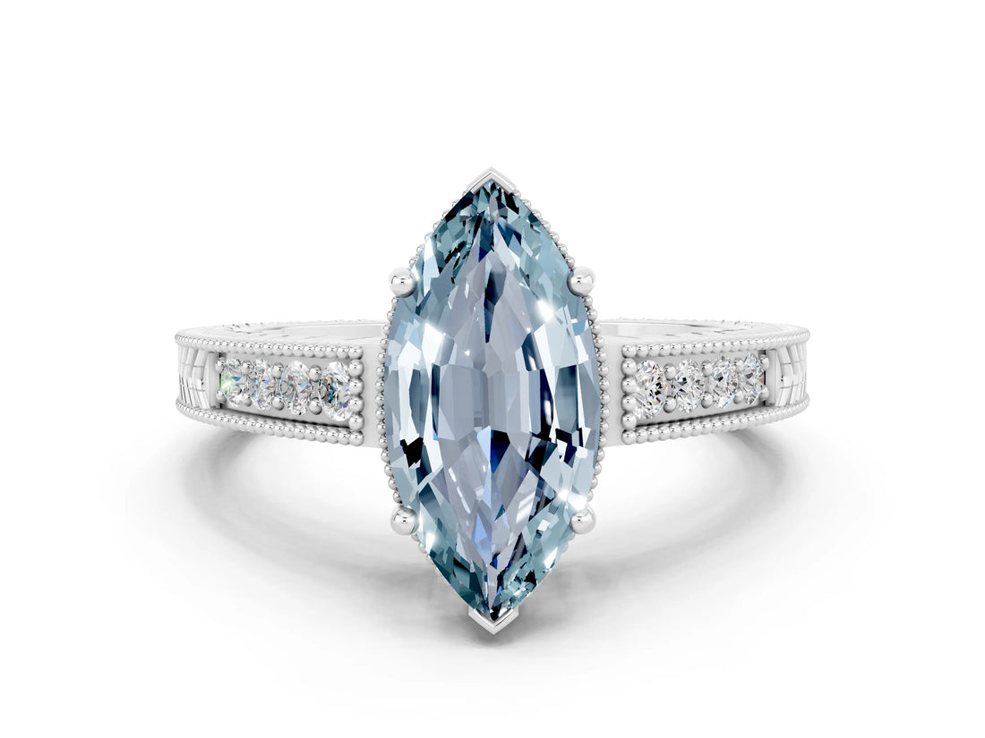 White gold Marquise Cut Aquamarine Ring with Milgrain Pavé Band and Four-Prong Setting_12