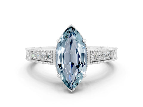 White gold Marquise Cut Aquamarine Ring with Milgrain Pavé Band and Four-Prong Setting_12