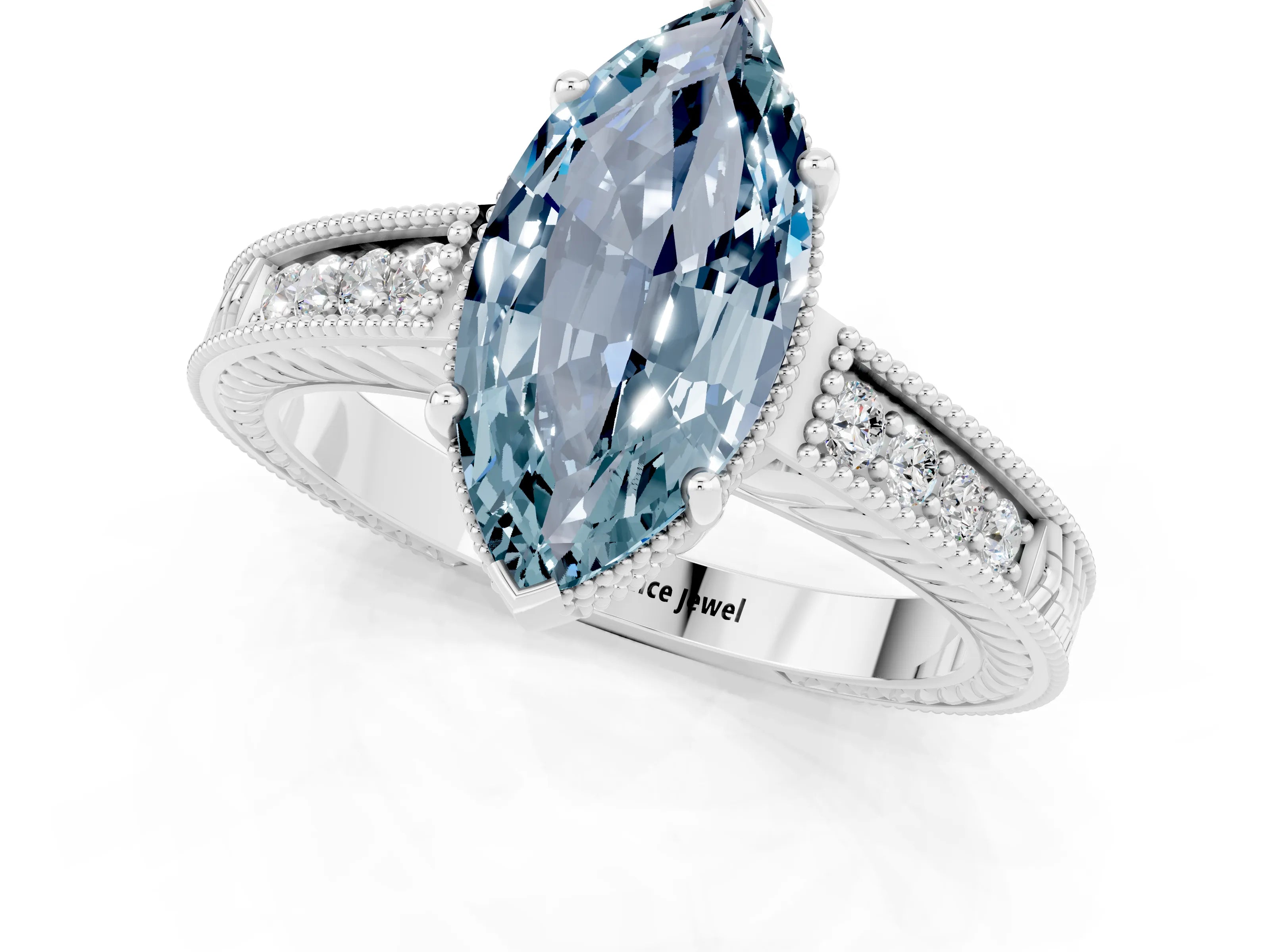 White gold Marquise Cut Aquamarine Ring with Milgrain Pavé Band and Four-Prong Setting_13