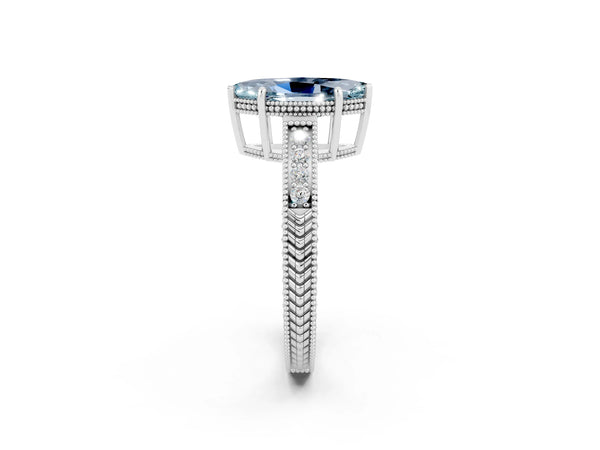 Platinum Marquise Cut Aquamarine Ring with Milgrain Pavé Band and Four-Prong Setting