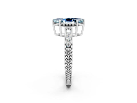White gold Marquise Cut Aquamarine Ring with Milgrain Pavé Band and Four-Prong Setting_14