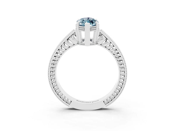 Platinum Marquise Cut Aquamarine Ring with Milgrain Pavé Band and Four-Prong Setting