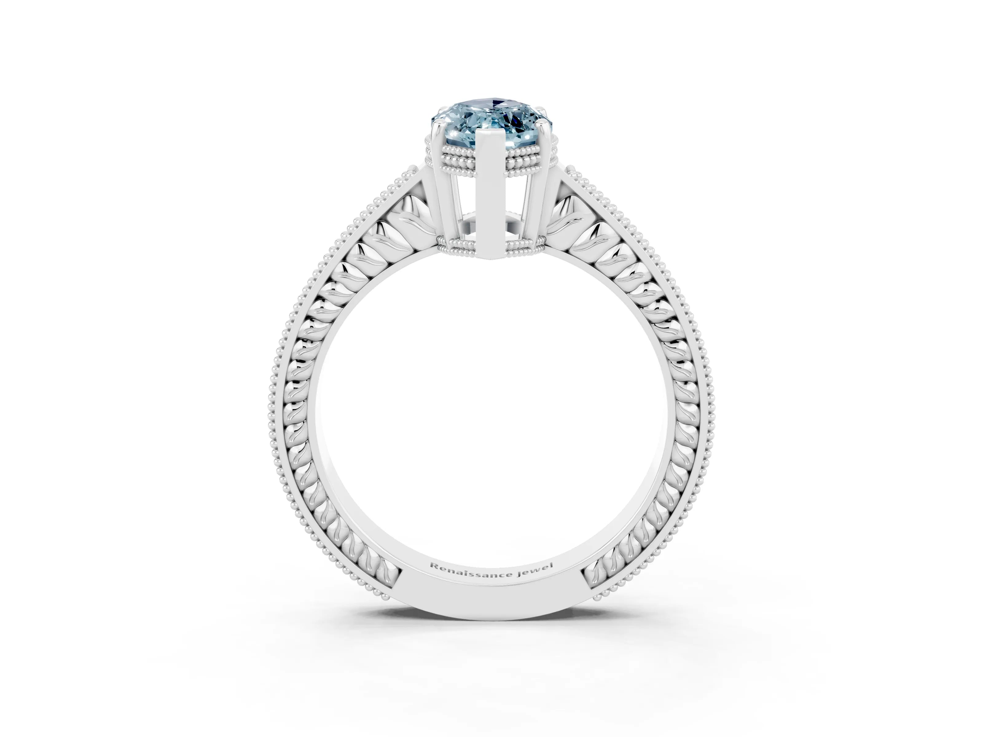 White gold Marquise Cut Aquamarine Ring with Milgrain Pavé Band and Four-Prong Setting_15