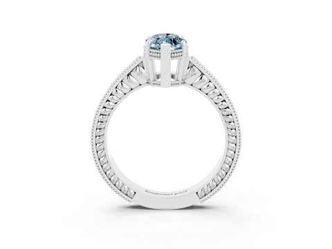 White gold Marquise Cut Aquamarine Ring with Milgrain Pavé Band and Four-Prong Setting_15