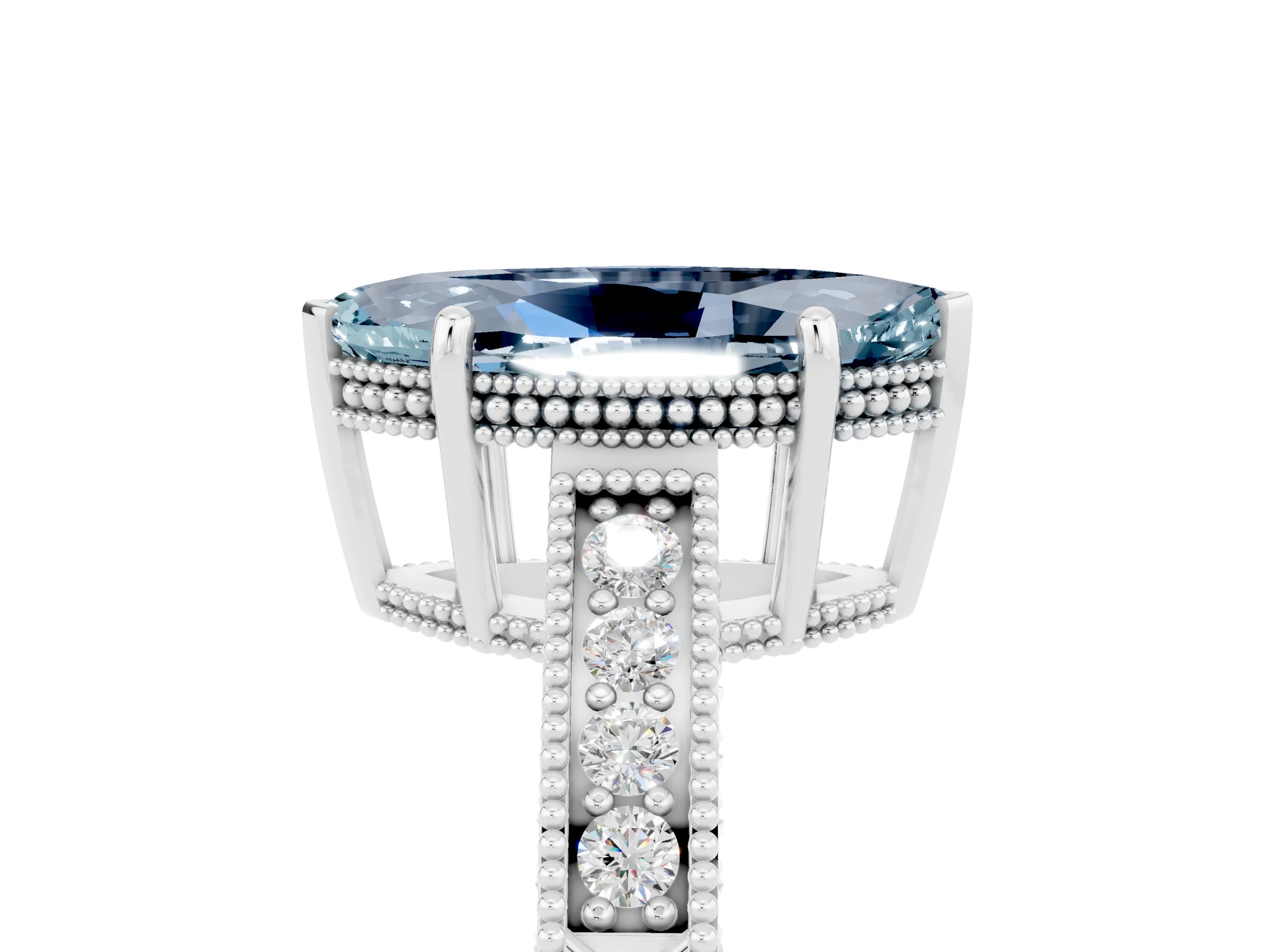 White gold Marquise Cut Aquamarine Ring with Milgrain Pavé Band and Four-Prong Setting_17