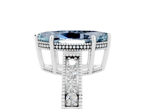 White gold Marquise Cut Aquamarine Ring with Milgrain Pavé Band and Four-Prong Setting_17