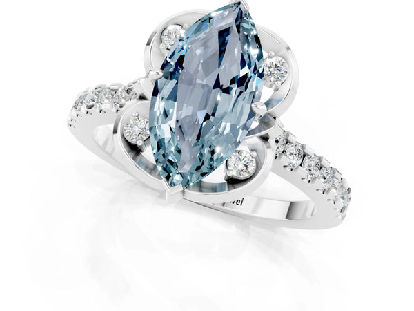 Platinum Marquise Cut Aquamarine Ring with Pavé Band and Floral Prong Setting