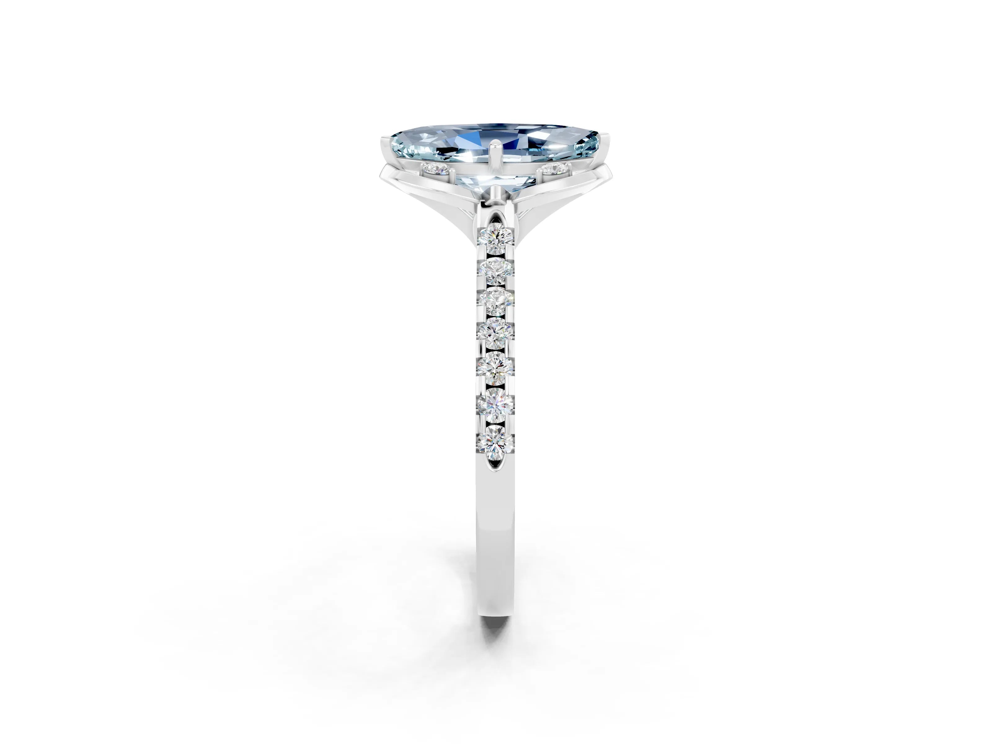 White gold Marquise Cut Aquamarine Ring with Pavé Band and Floral Prong Setting_2