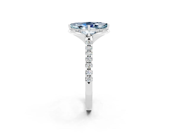 Platinum Marquise Cut Aquamarine Ring with Pavé Band and Floral Prong Setting