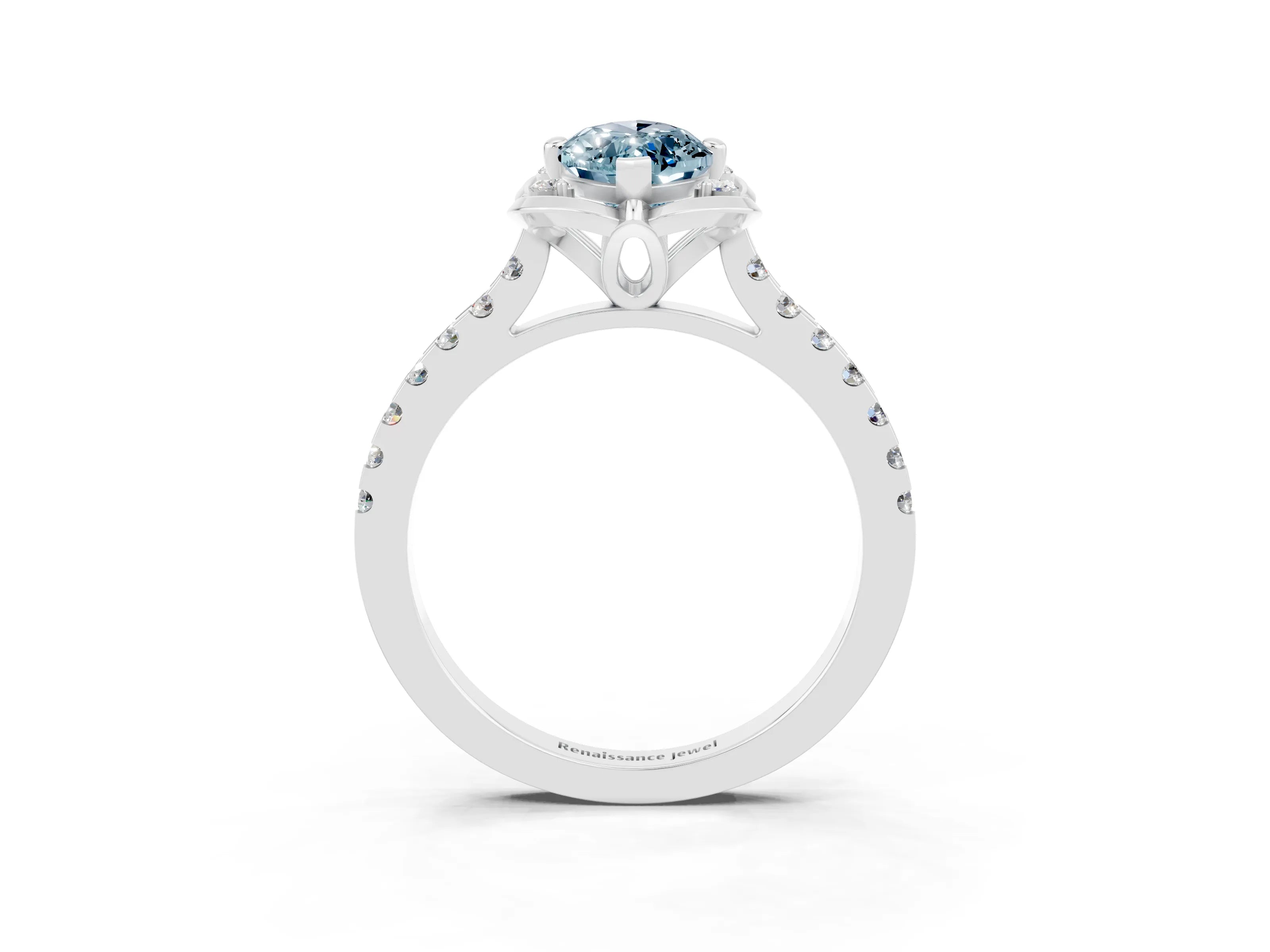 White gold Marquise Cut Aquamarine Ring with Pavé Band and Floral Prong Setting_3