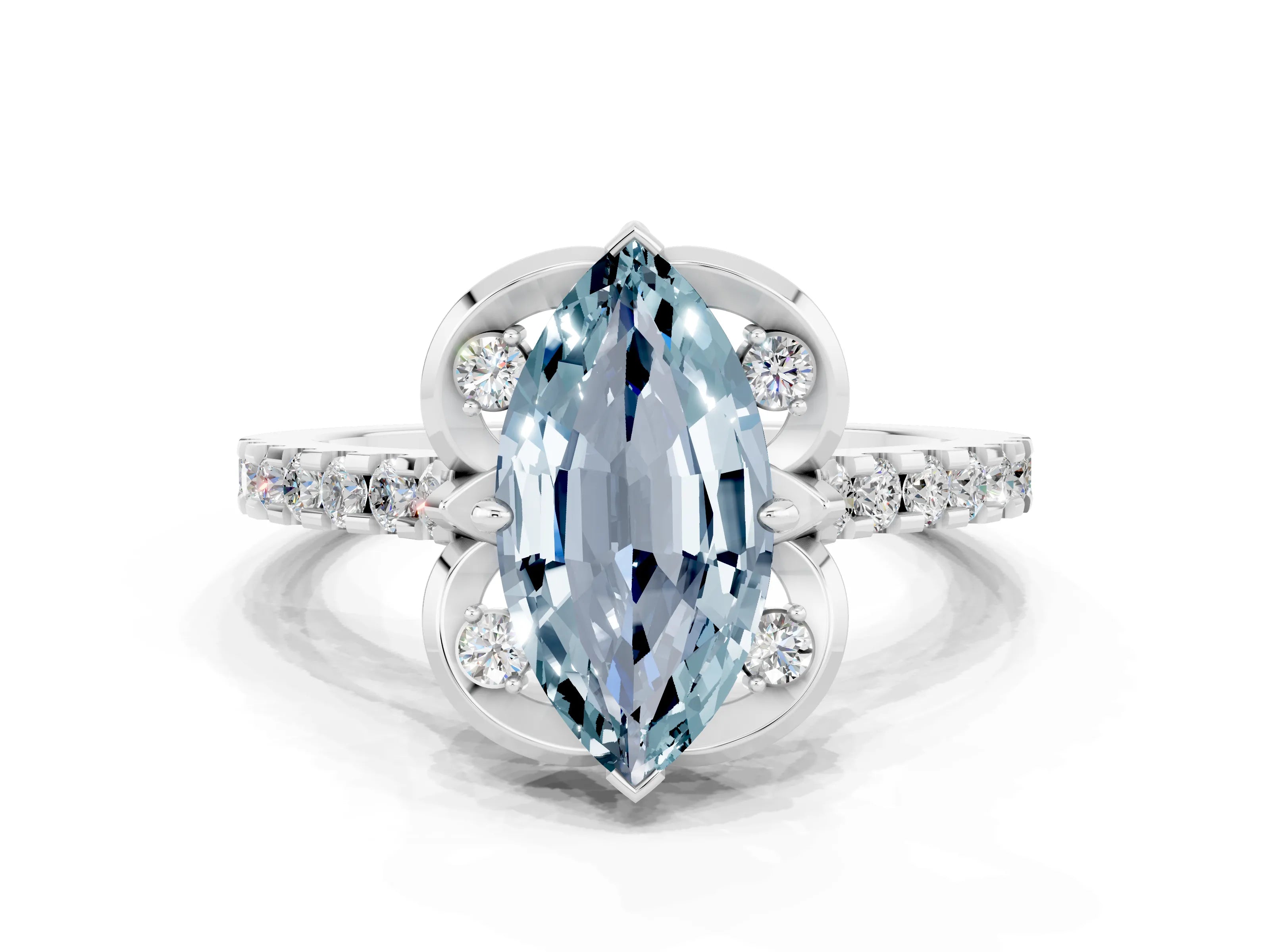 White gold Marquise Cut Aquamarine Ring with Pavé Band and Floral Prong Setting