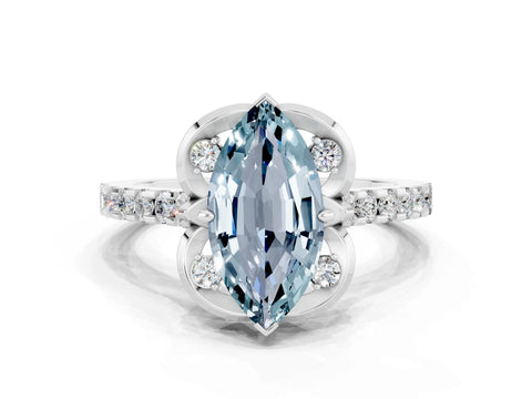 White gold Marquise Cut Aquamarine Ring with Pavé Band and Floral Prong Setting