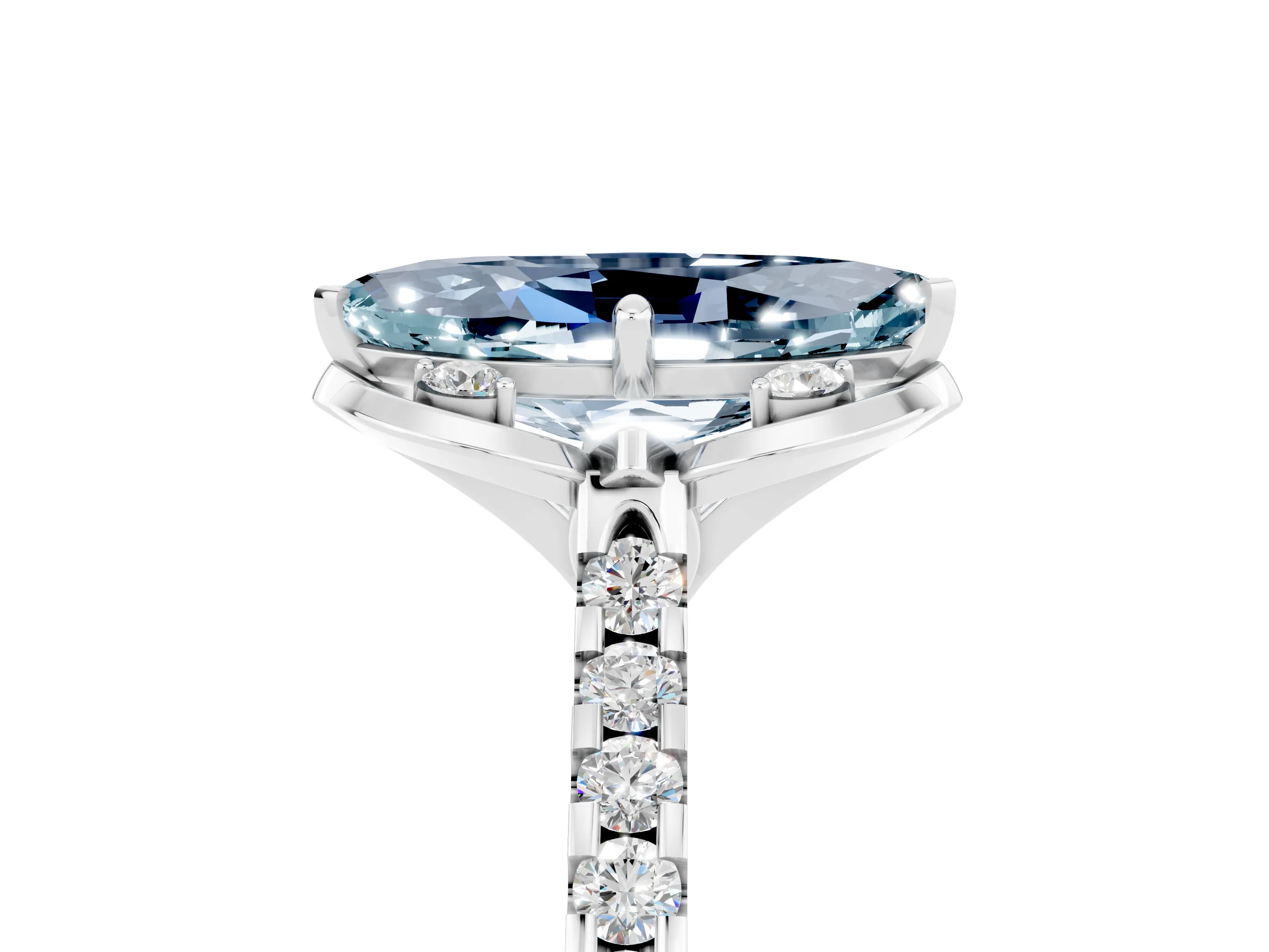 White gold Marquise Cut Aquamarine Ring with Pavé Band and Floral Prong Setting_5