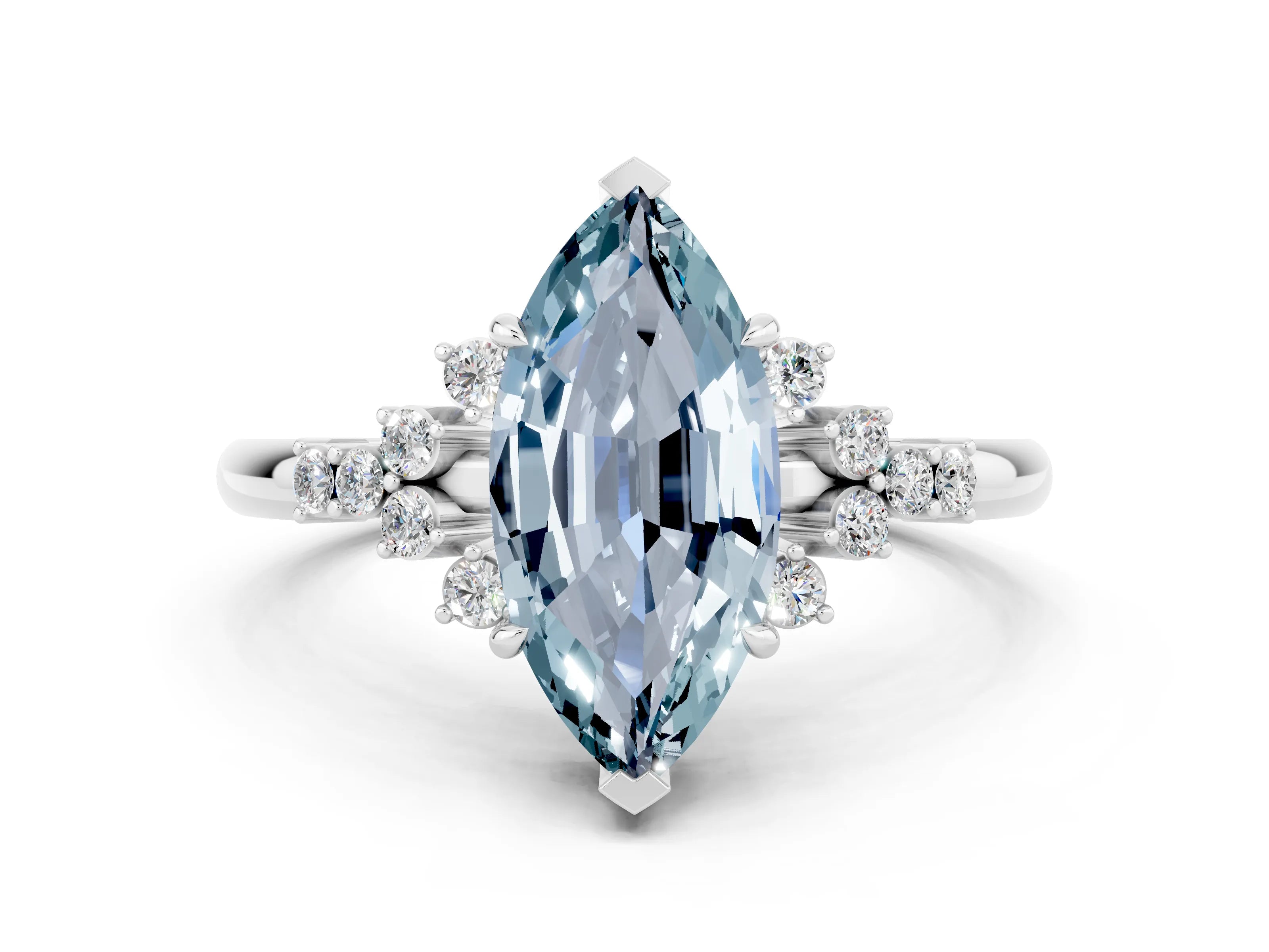 White gold Marquise Cut Aquamarine Ring with Side Stones and Four-Prong Setting_36