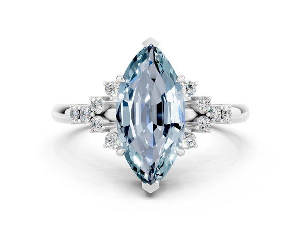 Platinum Marquise Cut Aquamarine Ring with Side Stones and Four-Prong Setting