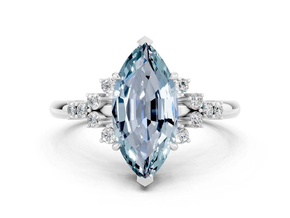 White gold Marquise Cut Aquamarine Ring with Side Stones and Four-Prong Setting_36