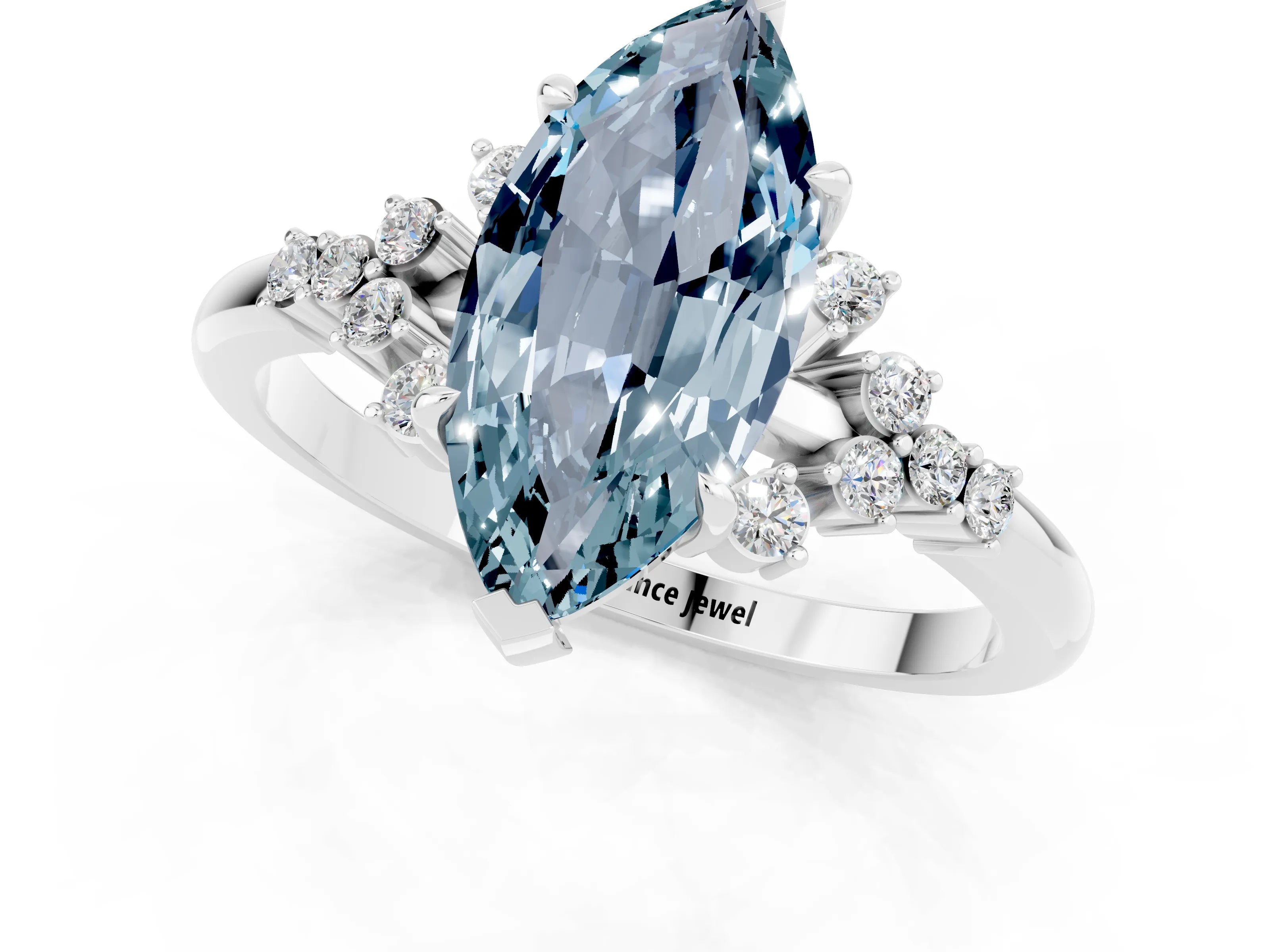 White gold Marquise Cut Aquamarine Ring with Side Stones and Four-Prong Setting_37