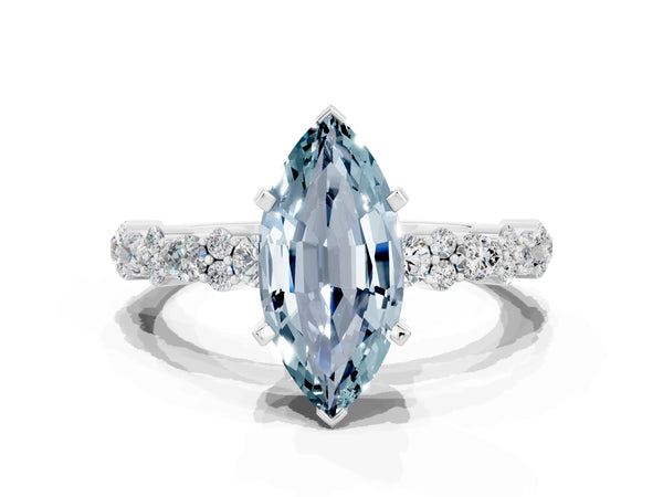 Silver Marquise Cut Aquamarine Side Stone Solitaire Ring with Round  and Four-Prong Setting