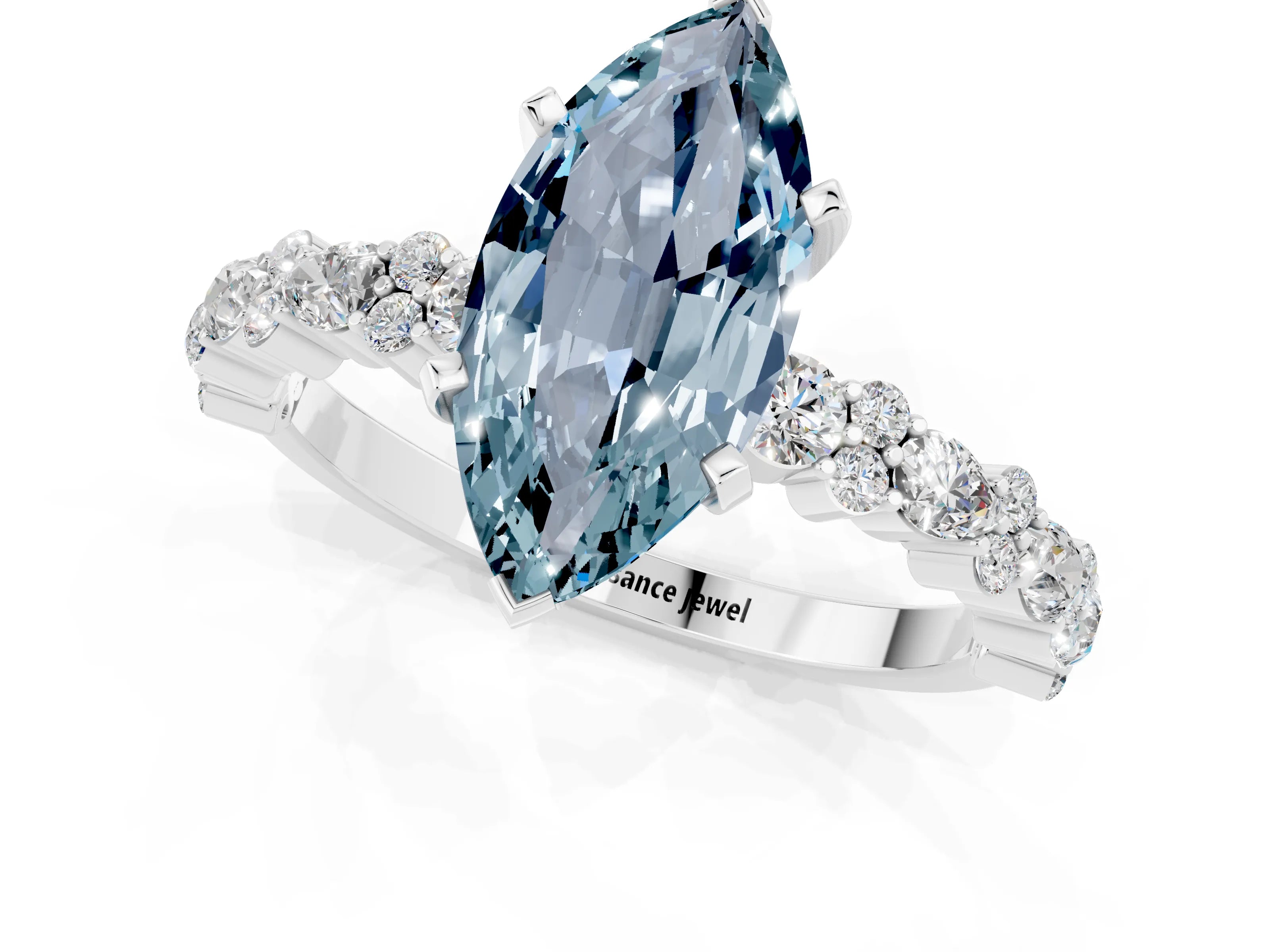 White gold Marquise Cut Aquamarine Side Stone Solitaire Ring with Round  and Four-Prong Setting_49