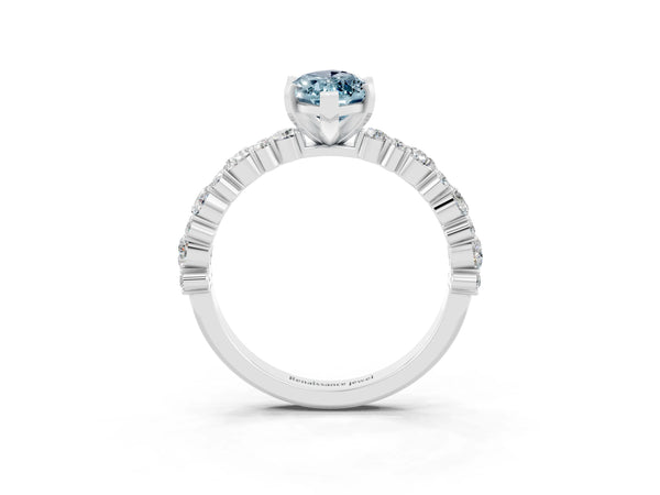 Silver Marquise Cut Aquamarine Side Stone Solitaire Ring with Round  and Four-Prong Setting