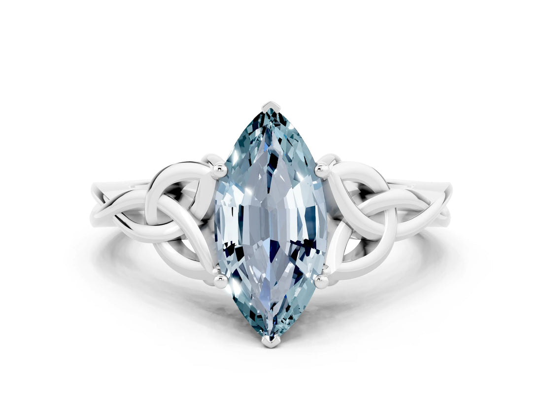 White gold Marquise Cut Aquamarine Solitaire Celtic Knot Ring with Four-Prong Setting_12