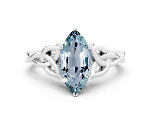 Platinum Marquise Cut Aquamarine Solitaire Celtic Knot Ring with Four-Prong Setting