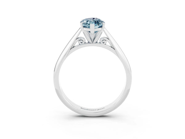 Silver Marquise Cut Aquamarine Solitaire Engagement Ring with Cathedral Setting and Four-Prong Mount