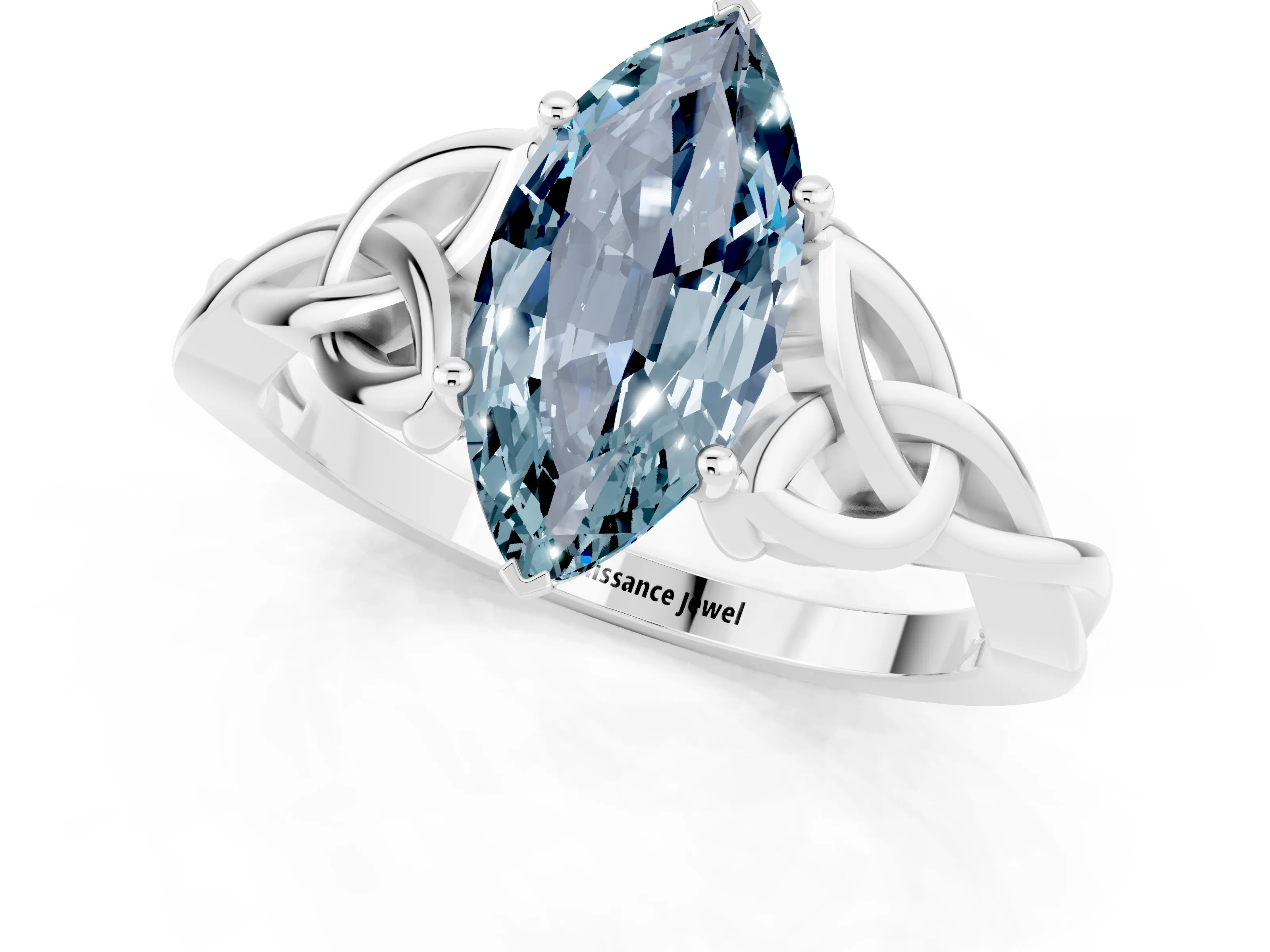 White gold Marquise Cut Aquamarine Solitaire Engagement Ring with Celtic Knot Band and Four-Prong Setting_1