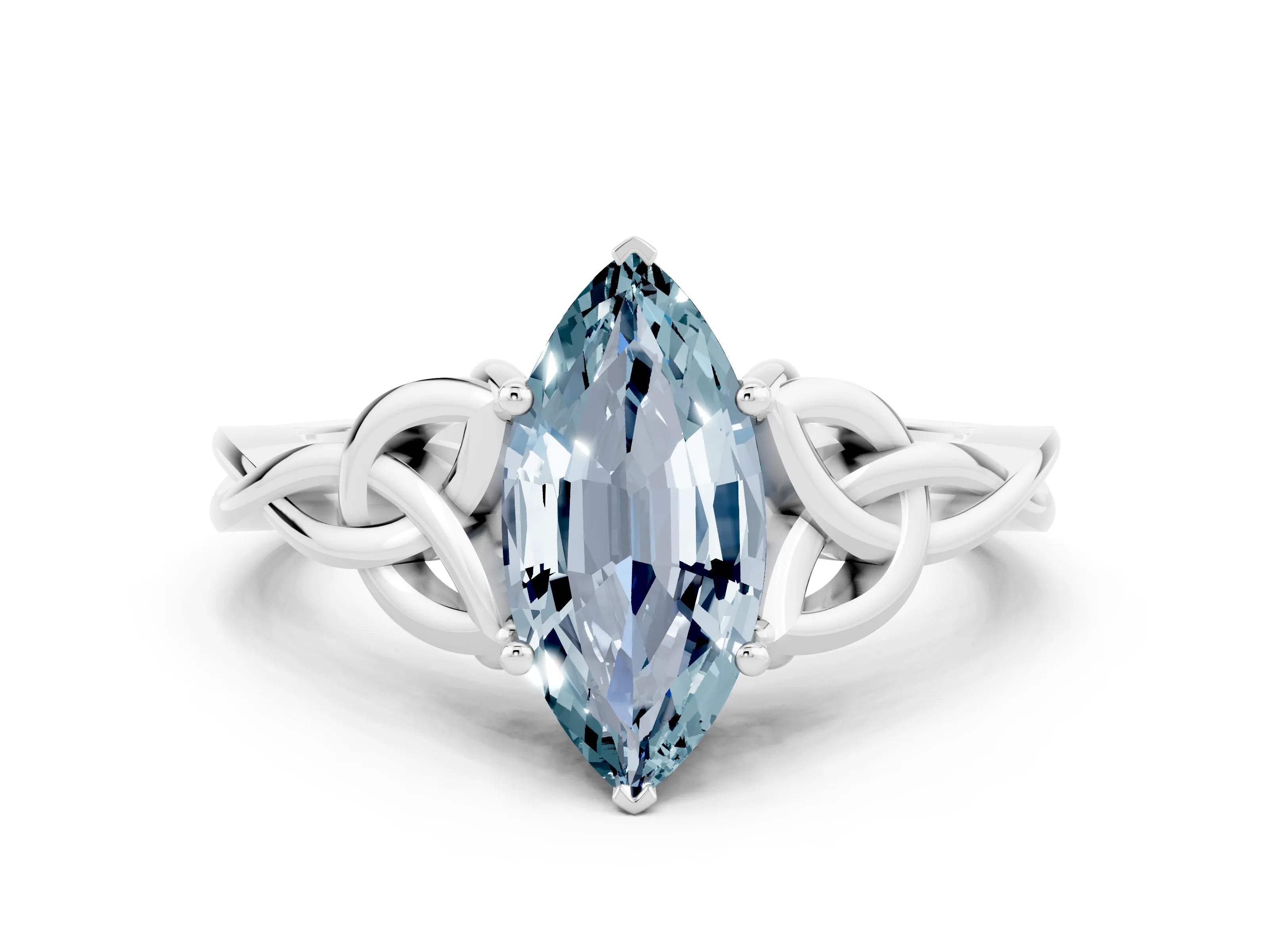 White gold Marquise Cut Aquamarine Solitaire Engagement Ring with Celtic Knot Band and Four-Prong Setting