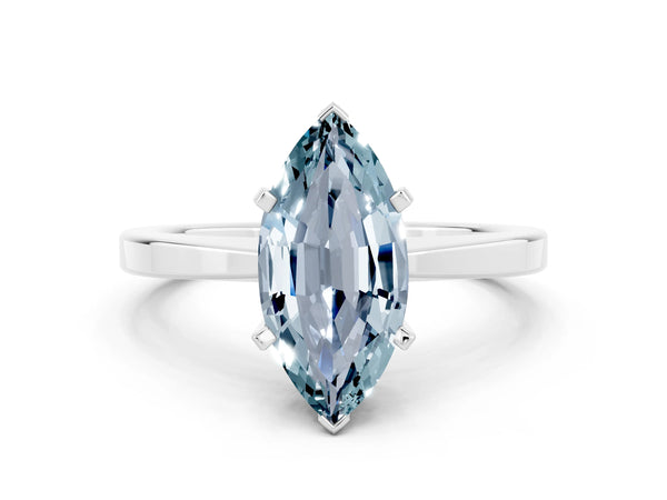 Platinum Marquise Cut Aquamarine Solitaire Engagement Ring with Classic Band and Four-Prong Setting
