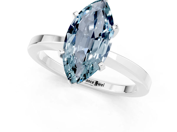 Platinum Marquise Cut Aquamarine Solitaire Engagement Ring with Classic Band and Four-Prong Setting