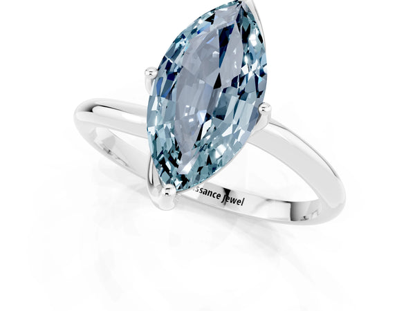 White gold Marquise Cut Aquamarine Solitaire Engagement Ring with Four-Prong Setting and Classic Band