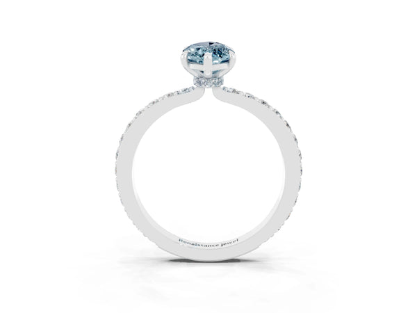 Platinum Marquise Cut Aquamarine Solitaire Engagement Ring with Pavé Band and Four-Prong Setting