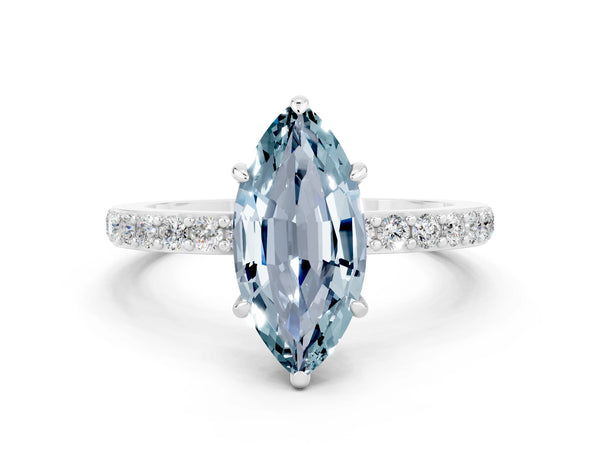 Silver Marquise Cut Aquamarine Solitaire Engagement Ring with Pavé Band and Four-Prong Setting
