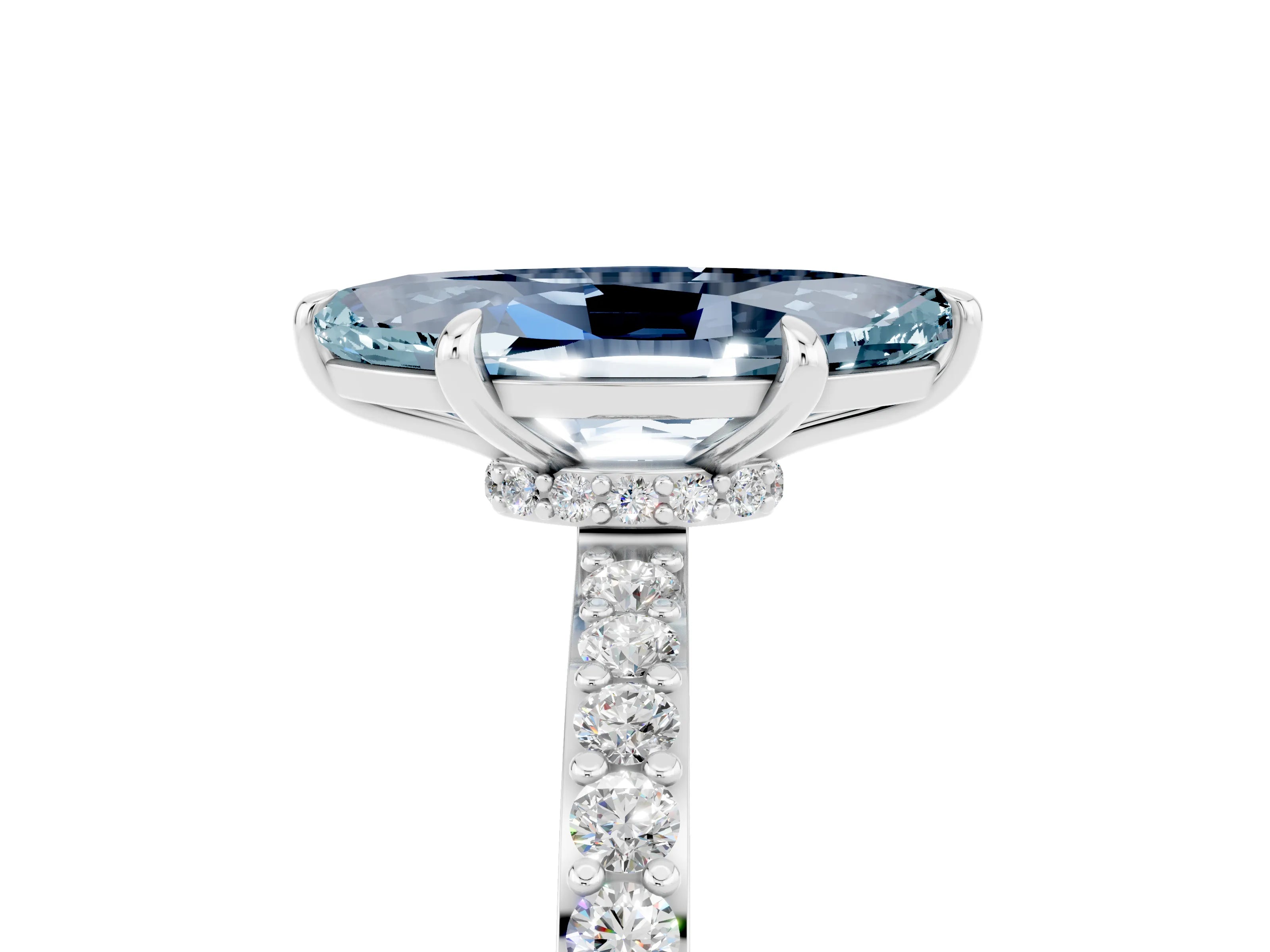 White gold Marquise Cut Aquamarine Solitaire Engagement Ring with Pavé Band and Four-Prong Setting_5