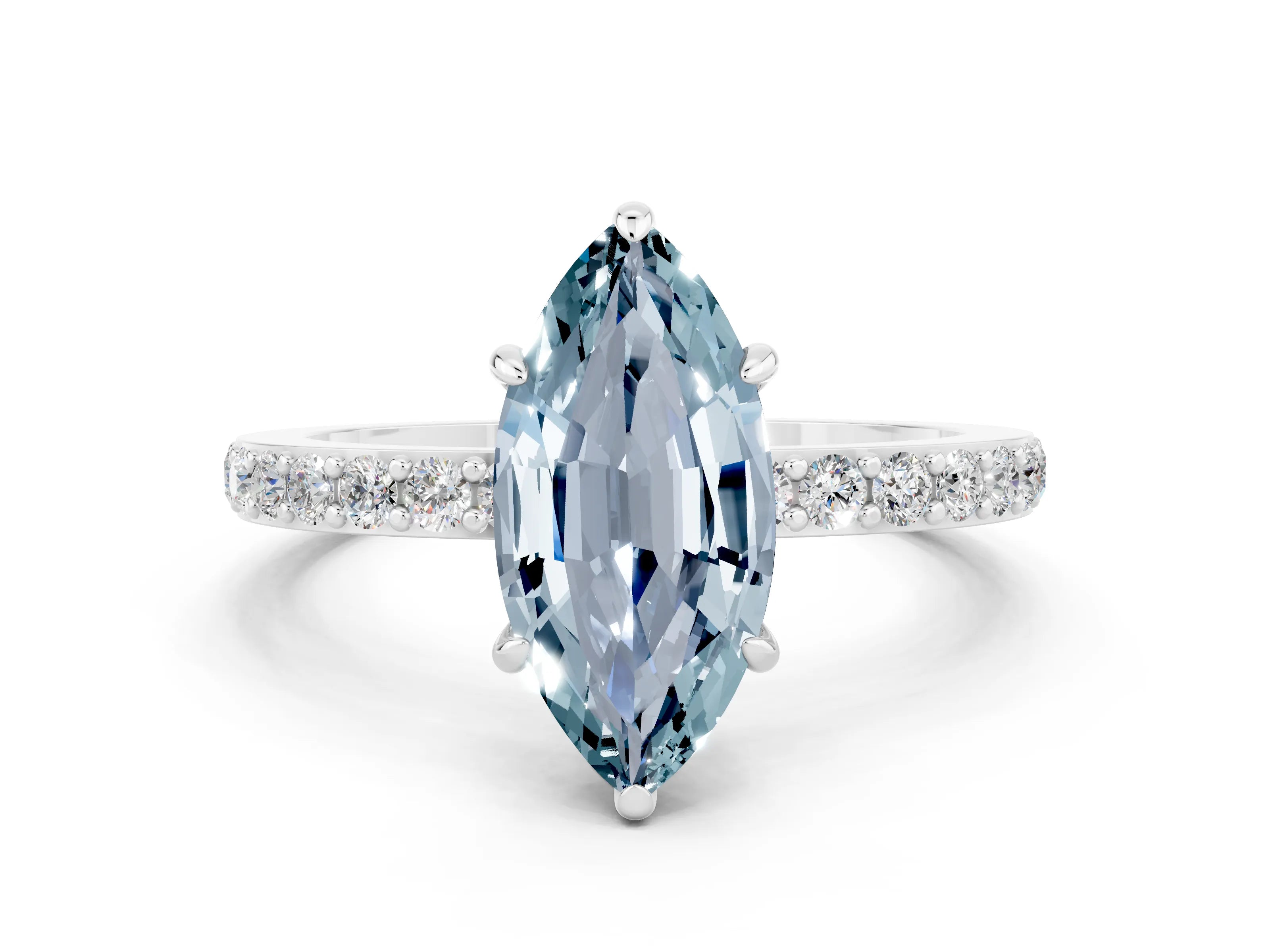 White gold Marquise Cut Aquamarine Solitaire Engagement Ring with Pavé Band and Four-Prong Setting