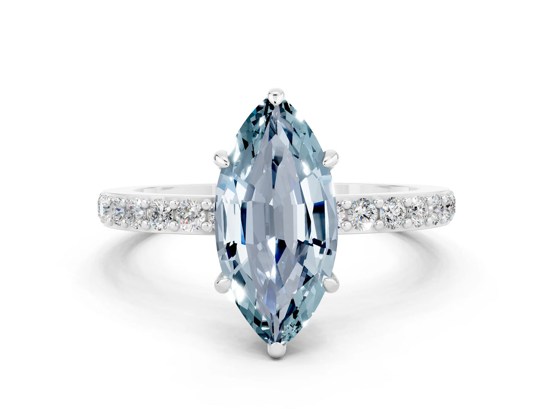 White gold Marquise Cut Aquamarine Solitaire Engagement Ring with Pavé Band and Four-Prong Setting
