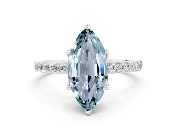 Platinum Marquise Cut Aquamarine Solitaire Engagement Ring with Round  Pavé Band and Prong Setting