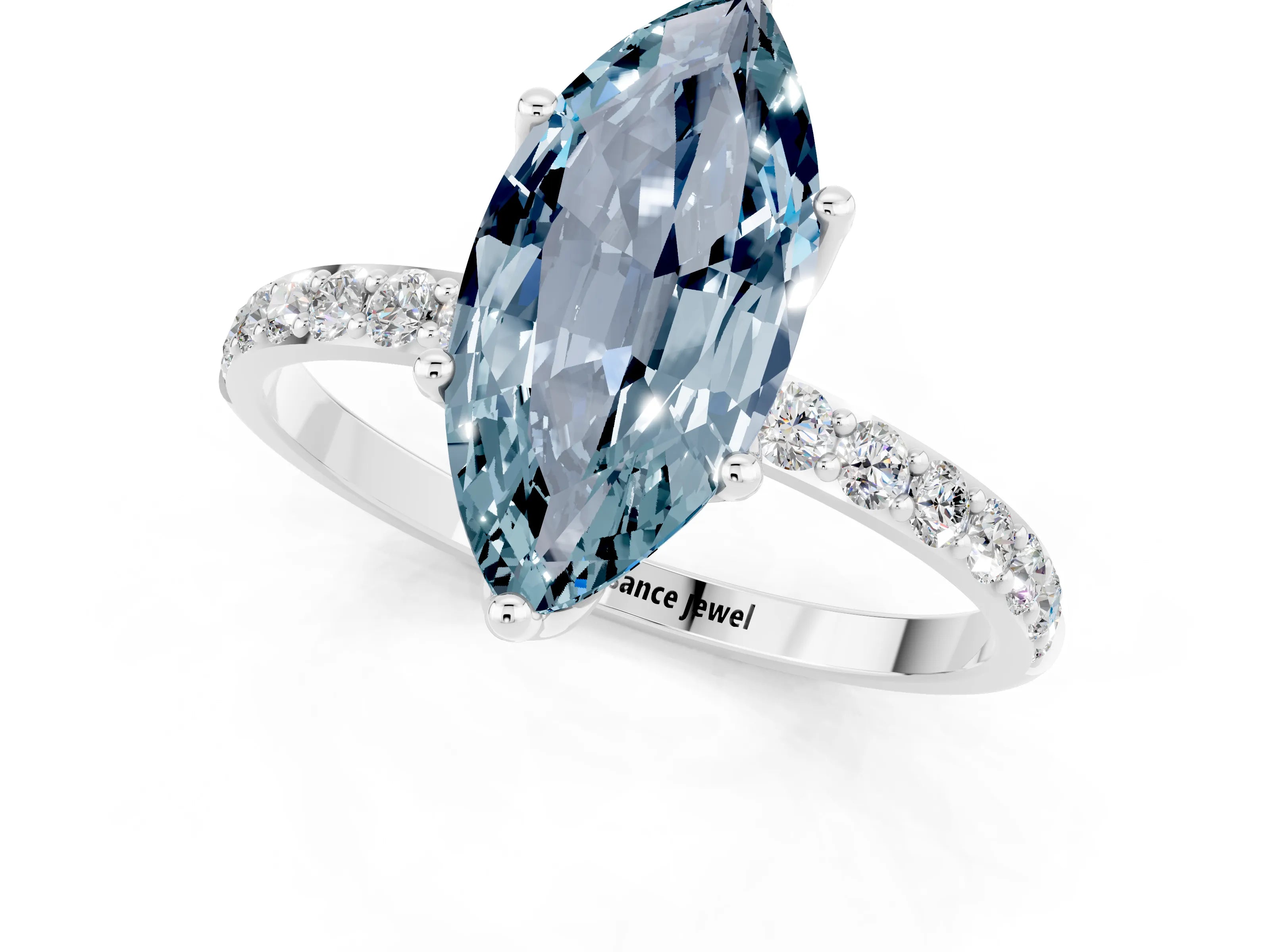 White gold Marquise Cut Aquamarine Solitaire Engagement Ring with Pavé Band and Prong Setting_1