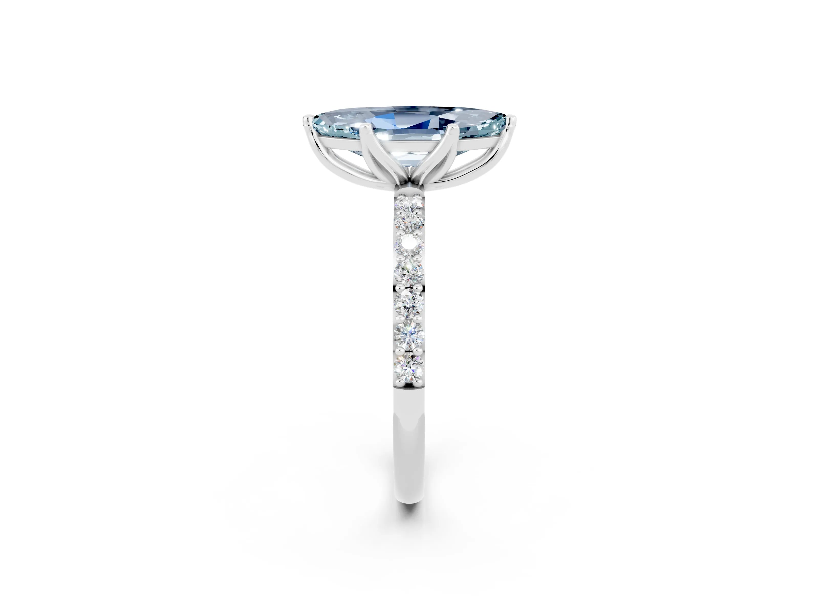 White gold Marquise Cut Aquamarine Solitaire Engagement Ring with Pavé Band and Prong Setting_2