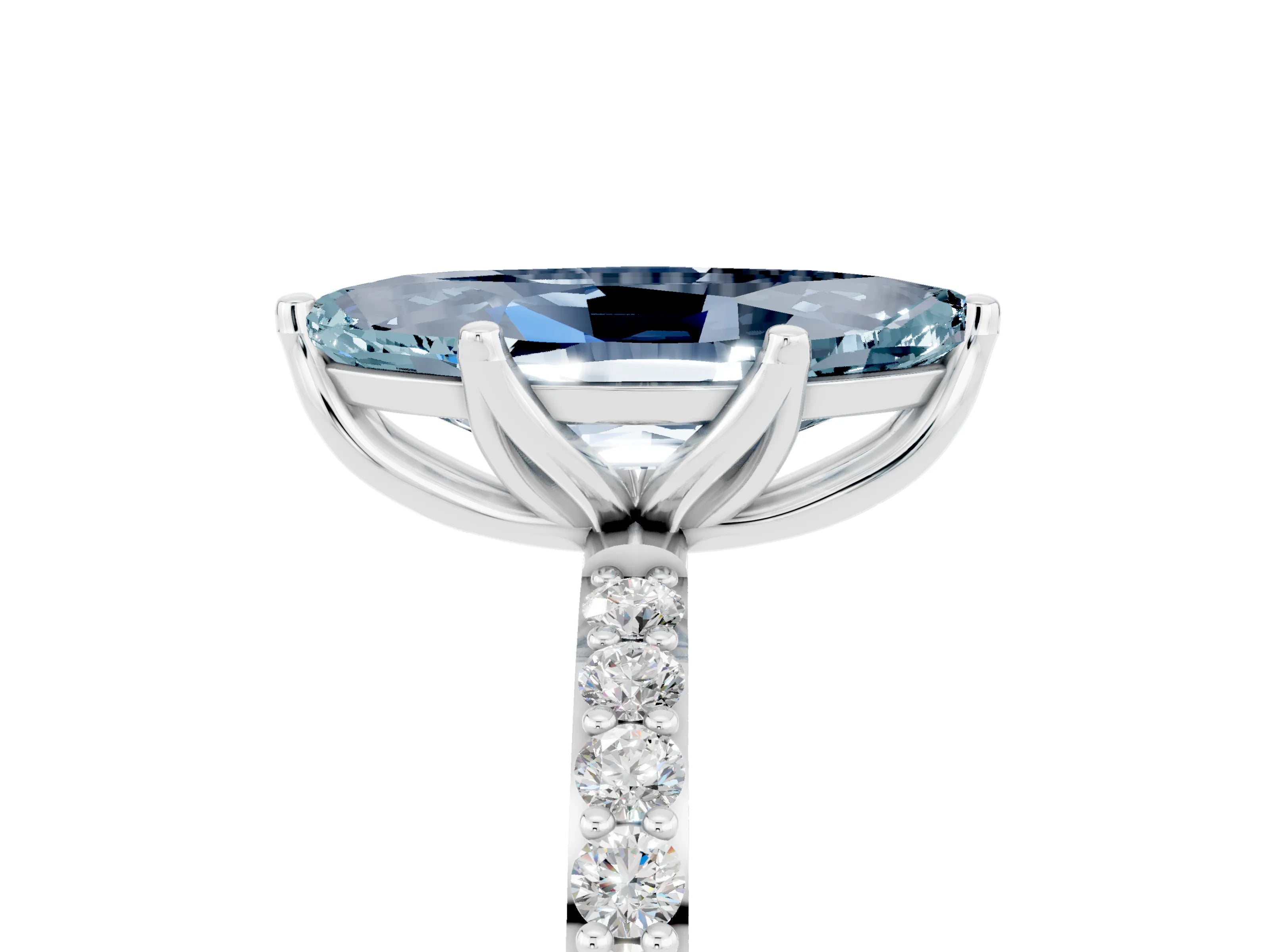White gold Marquise Cut Aquamarine Solitaire Engagement Ring with Pavé Band and Prong Setting_5