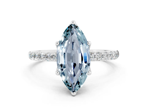 White gold Marquise Cut Aquamarine Solitaire Engagement Ring with Pavé Band and Prong Setting