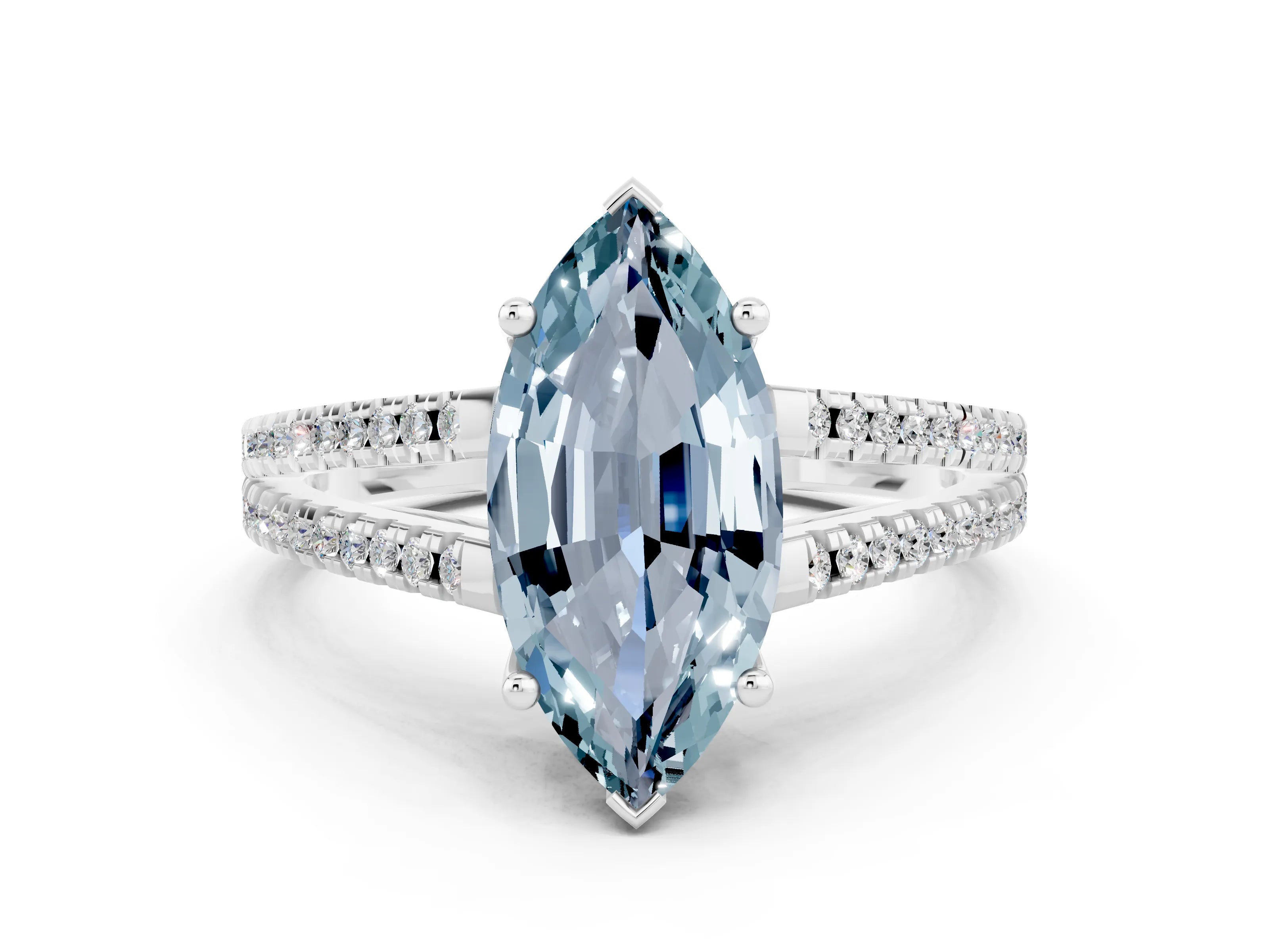 White gold Marquise Cut Aquamarine Solitaire Engagement Ring with Split Shank Pavé Band