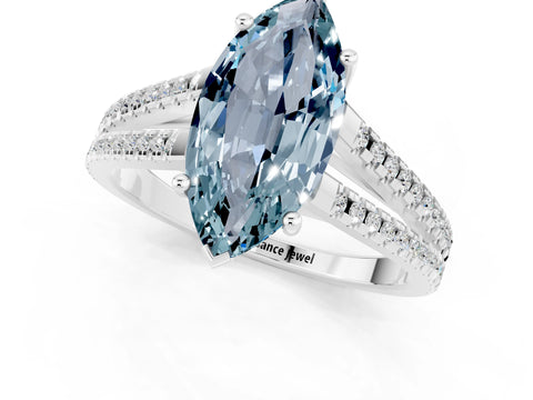 White gold Marquise Cut Aquamarine Solitaire Engagement Ring with Split Shank Pavé Band_1